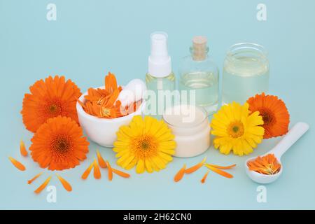 Calendula cura della pelle alternativa con fiori, unguento, bottiglie d'olio e petali. Guarisce le ferite, acne, eczema, stimola il collagene & è antisettico. Foto Stock