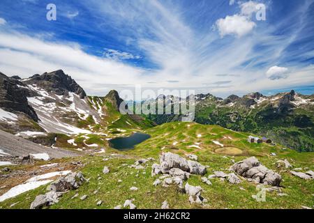 paesaggio alpino di montagna con rapensee e rappenseehütte in una giornata estiva soleggiata. allgäu alpi, baviera, germania, europa Foto Stock