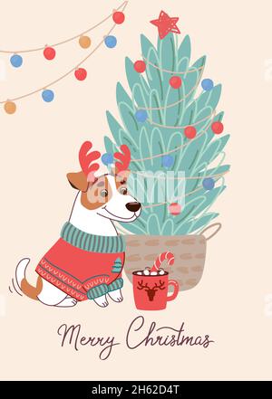 Carino cane Jack Russell Terrier sulla carta di natale. Biglietto di auguri vettoriale in stile piatto Illustrazione Vettoriale