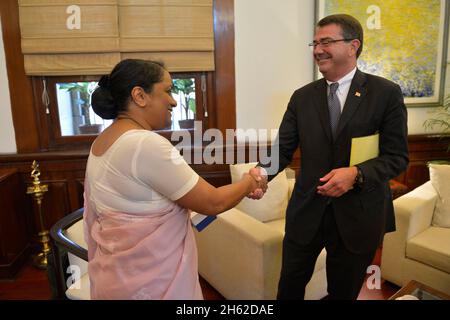 Il Segretario degli Affari Esteri indiano Sujatha Singh e il Vice Segretario della Difesa Ash carter scuotono le mani dopo il loro incontro a South Block a Delhi, India, 17 settembre 2013. Foto Stock