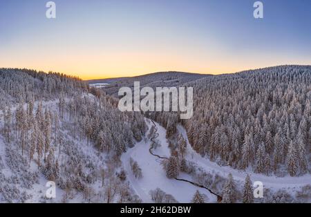 germania,turingia,ilmenau,gehren,foresta,sentiero,valle,neve,ambiente rennsteig,alba Foto Stock