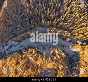 germania,turingia,ilmenau,gehren,foresta,sentieri,valle,torrente,neve,ambiente rennsteig,vista dall'alto,luce del mattino,vista aerea Foto Stock