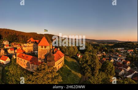 germania, turingia, elgersburg, castello, torri, orologio torre, luce del mattino Foto Stock