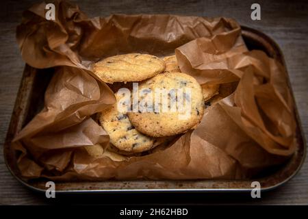 Biscotti fatti in casa con scaglie di cioccolato, biscotti in un vassoio Foto Stock