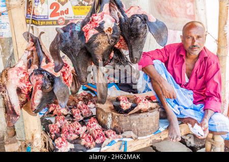 KHULNA, BANGLADESH - 16 NOVEMBRE 2016: Macellaio di strada con teste di capra a Khulna, Bangladesh Foto Stock