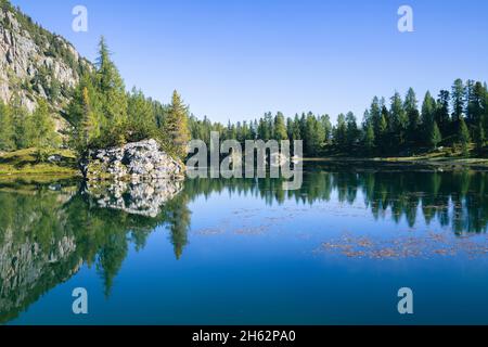 lago alpino federa vicino a croda da lago,particolare di riflessi nell'acqua,cortina d'ampezzo,belluno,veneto,italia Foto Stock