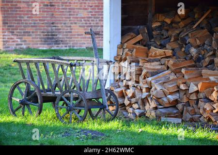 Un vecchio carro di legno accanto a una pila di legna da ardere ben impilata in una giornata di sole Foto Stock