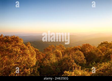 Vista all'alba da una vista sul lato est sulla Talimena Scenic Byway nella Ouachita National Forest. Foliage caduta luminosa in alberi in primo piano, e pesante nebbia an Foto Stock