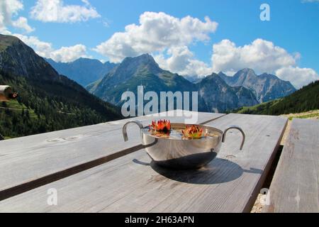 vista dal plumsjochhütte (1630m) al gamsjoch e roßkopfspitze nel eng nelle montagne del karwendel, in primo piano, arredamento houseleek tavolo (sempervivum) in una pentola di acciaio inox sul tavolo, rißbachtal, tirolo, austria, europa, alm, eng-alm Foto Stock