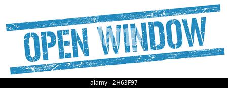APRIRE il testo DELLA FINESTRA sul simbolo di timbro rettangolare blu. Foto Stock