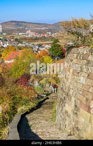 germania, baden-wuerttemberg, kernen nel remstal, muro di pietra a secco sul burgsteige sotto il yburg, vista su stetten nel remstal. Foto Stock