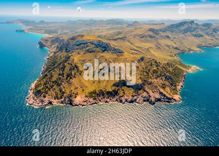 veduta aerea, paesaggio di montagna del cap de farrutx,artà,mallorca,isole baleari,spagna Foto Stock