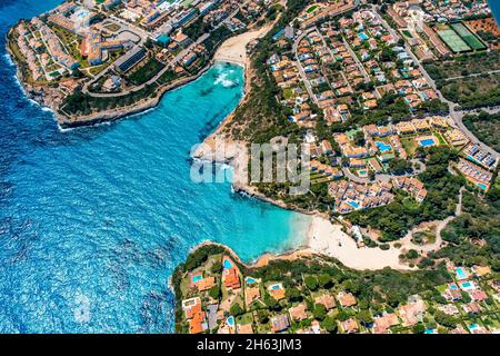 vista aerea, baia cala anguila con spiaggia playa de cala mandia e spiaggia plaja de cala anguila, manacor, mallorca, europa, isole baleari, spagna Foto Stock