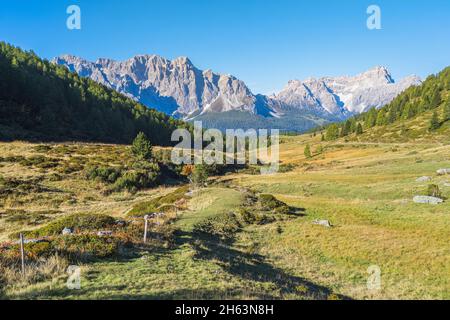 vista della vallorera al confine tra veneto e alto adige, sullo sfondo sesto dolomiti, italia Foto Stock