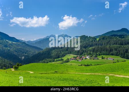 germania,baviera,alta baviera,distretto di rosenheim,oberaudorf,muro di distretto,vista da zimmerau verso il massiccio di wendelstein Foto Stock