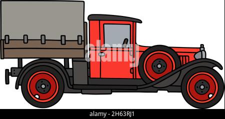 Il disegno a mano vettorizzato di un camion rosso d'epoca Illustrazione Vettoriale