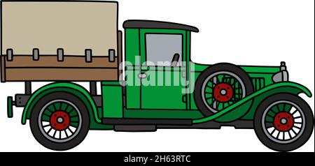 Il disegno a mano vettorizzato di un camion verde d'epoca Illustrazione Vettoriale