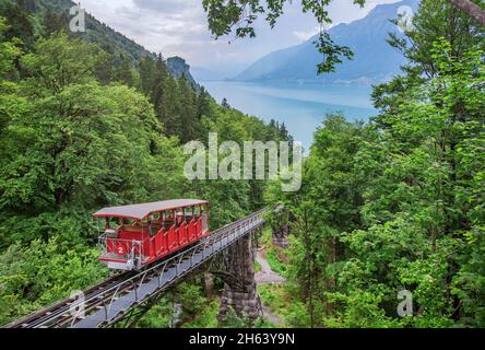 giessbachbahn (una delle più antiche funicolari d'europa) allo storico grandhotel giessbach alle cascate di giessbach, axalp, aare, lago di brienz, alpi bernesi, oberland bernese, cantone berna, svizzera Foto Stock