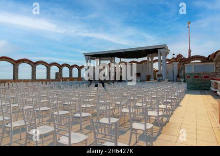 teatro all'aperto, sedie, file, vuoto, arena all'aperto, spiaggia di lara, antalya, turchia Foto Stock