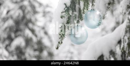 palline di vetro di natale su un ramo di pino su uno sfondo sfocato nevoso Foto Stock