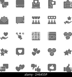 Set di icone grigie di feedback. Pollice su, come, inpiacere, cuori, Chat, SMS e altro ancora. Illustrazione Vettoriale