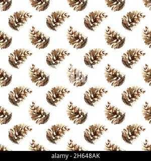 Acquerello botanico senza cuciture con coni di pino. Piante invernali dipinte a mano isolate su sfondo bianco. Illustrazione floreale per il design Foto Stock