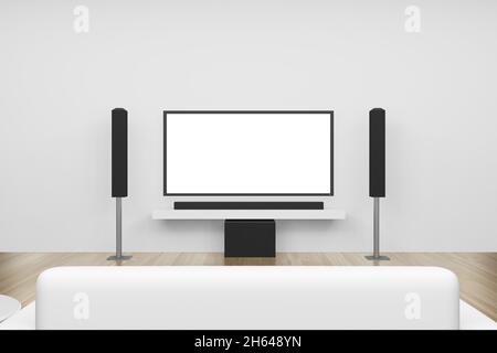 Rendering 3D Home Entertainment bianco pulizia del salotto con schermo TV vuoto Foto Stock