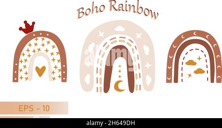 Set di boho scandinavo arcobaleno in colori tenui per il decor delle stanze da bagno. Isolato su sfondo bianco. Illustrazione vettoriale. Illustrazione Vettoriale