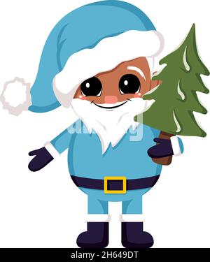 Babbo Natale con pelle scura in costume blu e cappello con albero di Natale. Simbolo di Capodanno. Carino personaggio con emozioni felici e sorriso Illustrazione Vettoriale