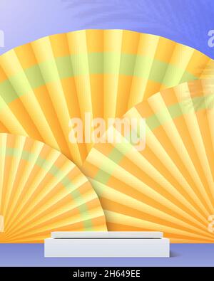 Studio per la visualizzazione di prodotti cosmetici. Sfondo in stile carta. Tifosi gialli in stile cinese dietro il podio bianco. Illustrazione Vettoriale
