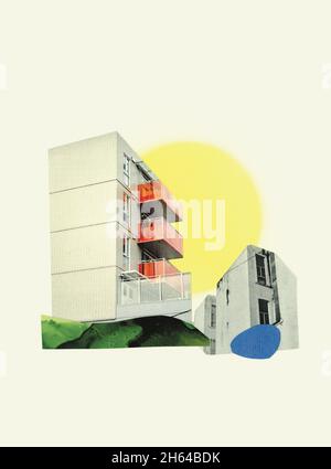VANCOUVER, CANADA - Ott 17, 2019: Un collage di foto di carta d'arte 3d degli edifici e del sole a Vancouver, Canada su uno sfondo bianco Foto Stock