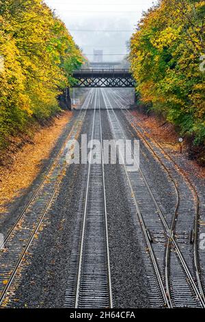 Stretto ponte della città attraverso la ferrovia multilinea strada lungo le colline con alberi gialli autunno con foglie cadute avvolta in una nebbia viscosa autunno che conduce Foto Stock