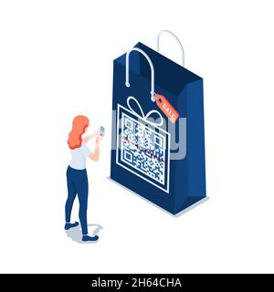 Flat 3d Isometric Woman Scan QR Code in Shopping Bag. Concetto di pagamento del codice QR. Illustrazione Vettoriale