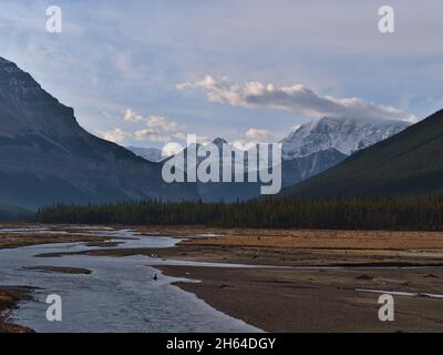 Splendida vista sul fiume Athabasca in una valle a Icefields Parkway nel Jasper National Park, Alberta, Canada con le Montagne Rocciose innevate. Foto Stock