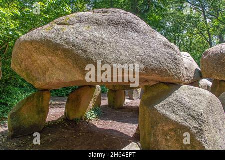 Basso angolo da vicino vista del Dolmen (appeso) D27 vicino a Borger in Olanda che è una tomba megalitica o tumulo di sepoltura con grandi pietre datazione Foto Stock