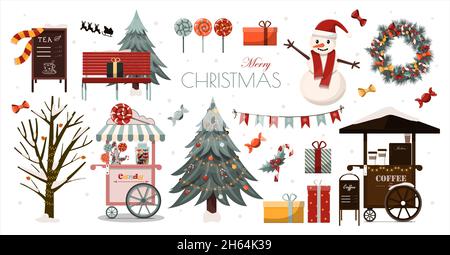 Grande set vettoriale di icone ed elementi di Natale. Cartoon christmas clipart per decorare le schede, strada di natale. Design piatto per il nuovo anno. Natale Illustrazione Vettoriale