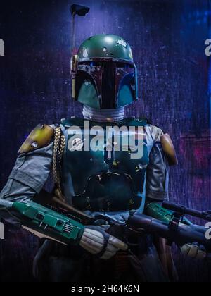 Star Wars personaggi boa fett full size in mostra nel centro commerciale. Foto Stock