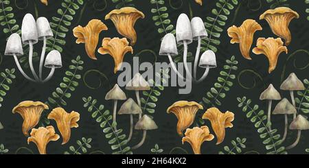 Modello botanico senza giunture. Sfondo di foresta scuro con funghi, erbe e foglie. Illustrazione del disegno a mano. Design per carta da parati, carta da imballaggio, Foto Stock