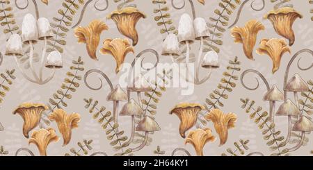 Modello botanico senza giunture. Sfondo di foresta chiaro con funghi, erbe e foglie. Illustrazione dell'acquerello del disegno a mano Foto Stock