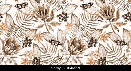 Acquerello vintage senza cuciture con fiori protea in foglie tropicali. Illustrazione monocromatica disegnata a mano. Sfondo tropicale esotico Foto Stock