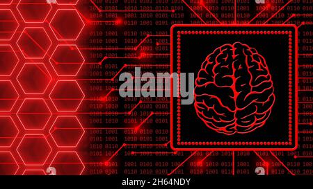 Brain symbol in frame - sfondo astratto di codice binario a 4 cifre dietro le informazioni che collegano linee ed elementi a nido d'ape - simbolico dell'intelligenza artificiale Foto Stock