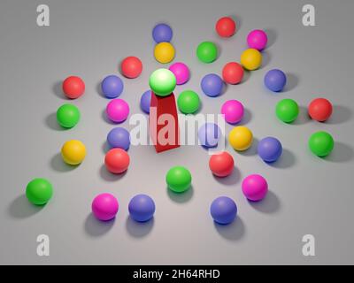 Leadership. Immagine concettuale di un capo e di un subordinato. Lavoro di squadra. Palloncini colorati. rendering 3d Foto Stock