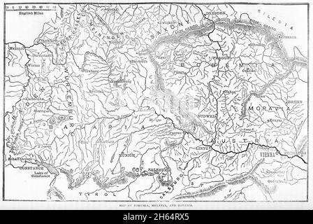 mappa della Boemia, della Moravia e della Baviera durante il 1400 Foto Stock