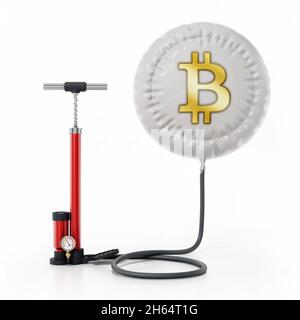 La pompa manuale gonfia il palloncino con il simbolo del bitcoin. Illustrazione 3D. Foto Stock