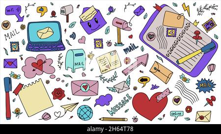 Un insieme di messaggi di posta vettoriali. Icone con buste di carta, lettere, e-mail. Un taccuino per bambini in una gabbia con disegni di posta. Disegnato a mano Illustrazione Vettoriale