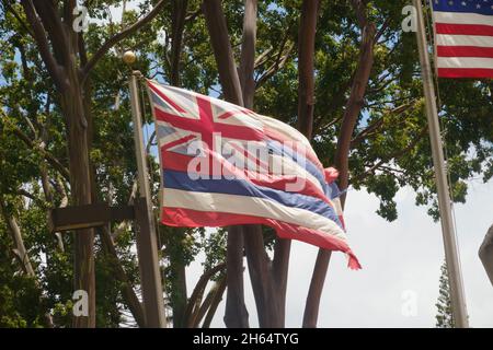 La bandiera hawaiana soffia nella brezza. Foto Stock