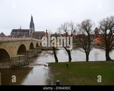 Regensburg, Germania: Il Danubio allagato Foto Stock