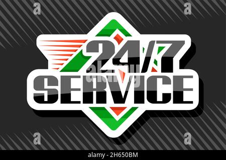 Vector logo 24/7 Service, segnaletica bianca isolata con illustrazione rombi colorati e carattere decorativo unico per il numero 24/7 e servizio di parola, rombu Illustrazione Vettoriale