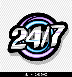 Logo Vector 24/7, segnaletica isolata nera con illustrazioni cerchi colorati e carattere decorativo unico per il numero 24/7, design di marketing concept con Illustrazione Vettoriale