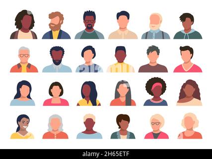 Set di persone, avatar, teste di persone di etnia e età diverse in stile piatto. Multi nazionalità social network persone facce raccolta. Illustrazione Vettoriale